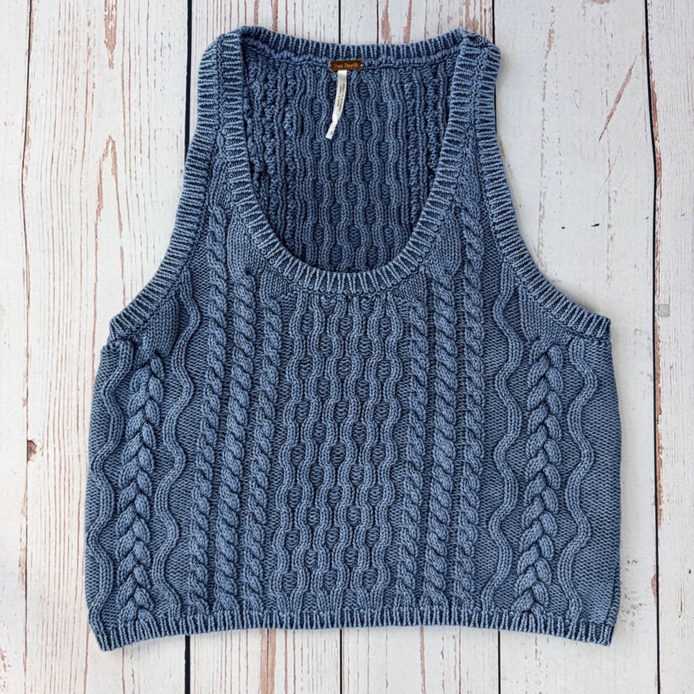 Free People Women Blue Cable Knit Cotton Scoop Neck Sweater Vest Size S